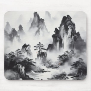 Alfombrilla De Ratón Pintura de paisaje montañoso con tinta
