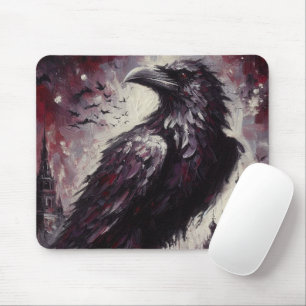 Alfombrilla De Ratón Pintura de pájaro de gallo gótico Raven Crow gris