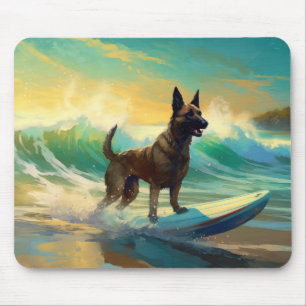 Alfombrilla De Ratón Pintura de surf en la playa con Malinois belga