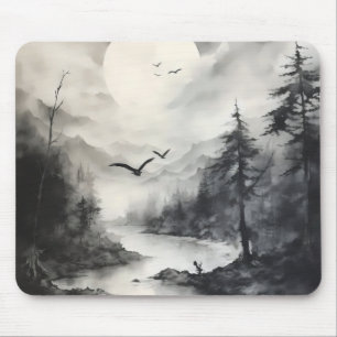 Alfombrilla De Ratón Pintura de tinta de paisaje monocromático