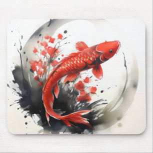 Alfombrilla De Ratón Pintura de tinta de pez rojo