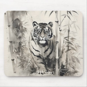 Alfombrilla De Ratón Pintura de tinta de tigre de bambú