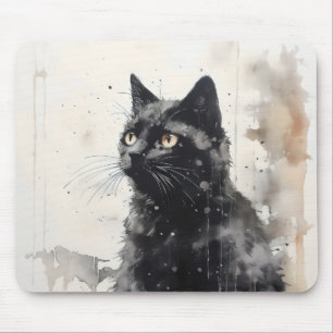 Alfombrilla De Ratón Pintura de tinta para animales de gato negro