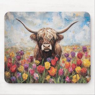 Alfombrilla De Ratón Pintura de tulipanes coloridos de la vaca Highland