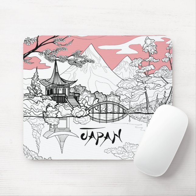 Alfombrilla De Ratón Pintura en línea de la montaña del lago Templo jap (Con ratón)