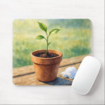 Alfombrilla De Ratón Plant In Clay Pot With Snow Pile<br><div class="desc">A young plant in a terracotta pot basks in sunlight on a wooden surface,  its green leaves contrasting with a small pile of melting snow captured in watercolor</div>