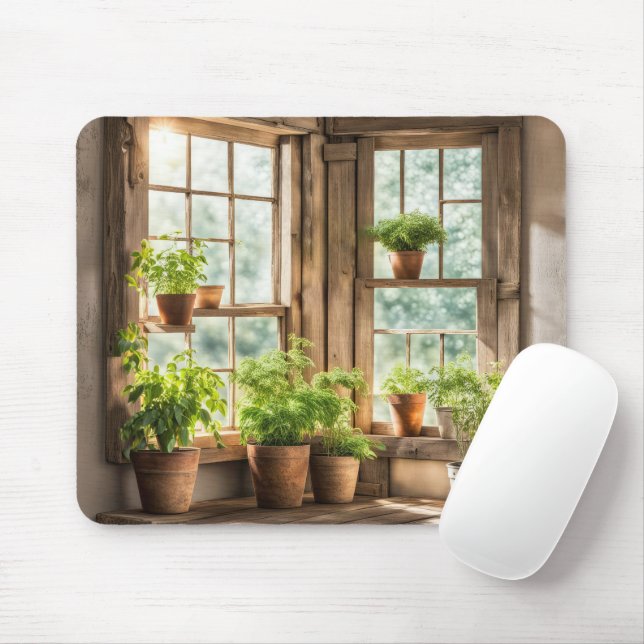 Alfombrilla De Ratón Plantas cultivadas en la soleada ventana de una gr (Con ratón)