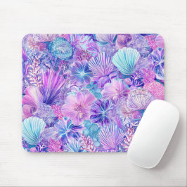 ALFOMBRILLA DE RATÓN PLANTAS Y CONCHAS SUBMARINAS AZUL ROSA PURPURA