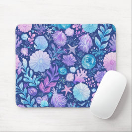 ALFOMBRILLA DE RATÓN PLANTAS Y CONCHAS SUBMARINAS AZUL ROSA PURPURA