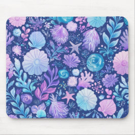 ALFOMBRILLA DE RATÓN PLANTAS Y CONCHAS SUBMARINAS AZUL ROSA PURPURA