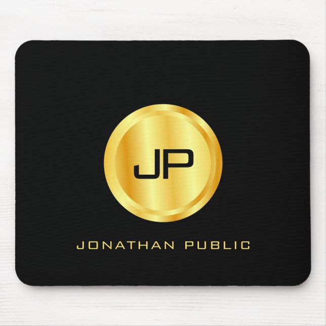 Alfombrilla De Ratón Plantilla De Monograma Elegante Negro Y Oro (Frente)