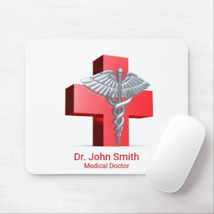 Alfombrilla De Ratón Plata 3D Caduceus Cross Red Medical