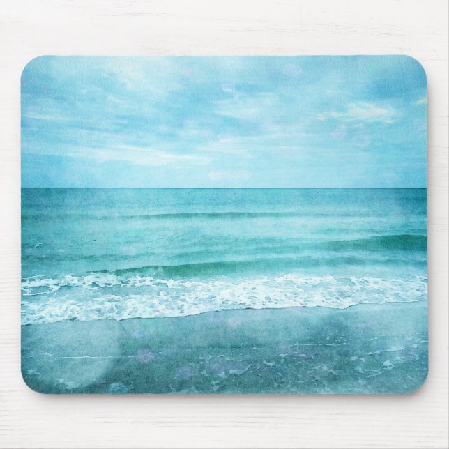 Alfombrilla De Ratón Playa Retro - acuarela azul Verde azulada del océa (Frente)