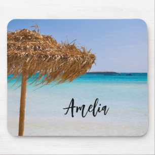 Alfombrilla De Ratón Playa Tropical Escénica con Sombrilla de Paja