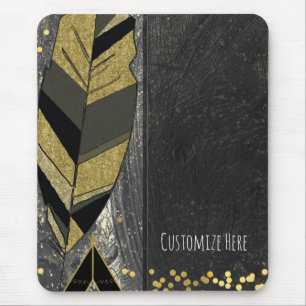 Alfombrilla De Ratón Pluma Dibujada a Mano & Tepee Dorado Negro Boho Gl