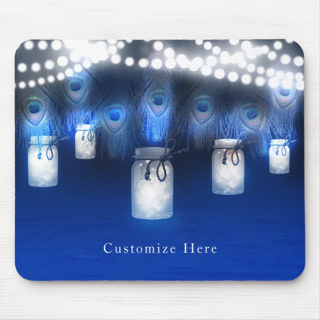 Alfombrilla De Ratón Plumas de pavo real, frasco de Mason y luces de ca (Frente)