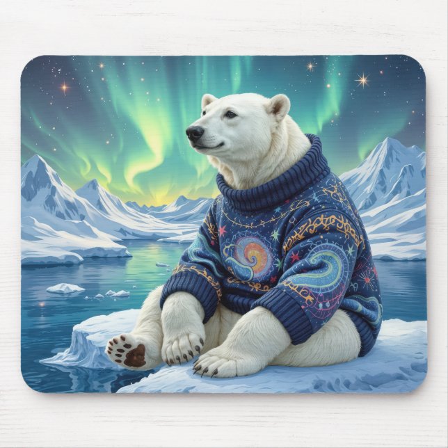 Alfombrilla De Ratón Polar Bear Sitting Under Northern Lights (Frente)
