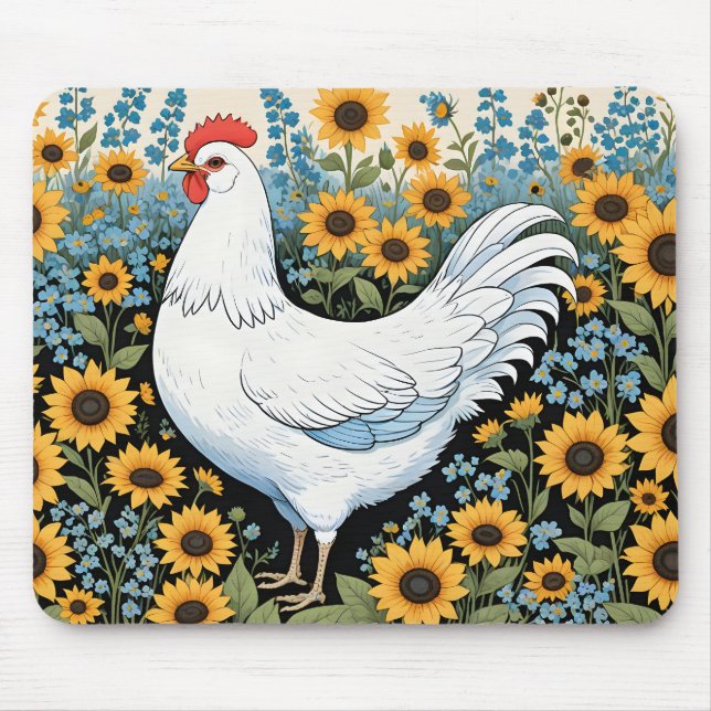 Alfombrilla De Ratón Pollo Blanco y Girasoles (Frente)