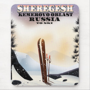Alfombrilla De Ratón Póster de viaje de esquí de Sheregesh Rusia.