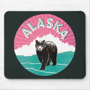 Alfombrilla De Ratón Póster de viaje vintage, oso negro de Alaska en la