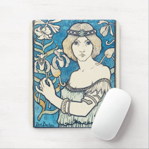 Alfombrilla De Ratón Póster vintage de mujer Art Nouveau con flores azu
