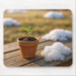 Alfombrilla De Ratón Potted Green Plant with Melting Snow<br><div class="desc">A tiny green sapling is growing in a clay pot,  accompanied by a pile of melting snow on a wooden table</div>