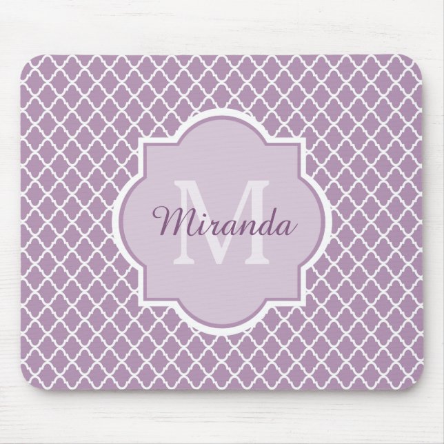 Alfombrilla De Ratón Pretty Lavender Purple Quatrefoil Monogrammed Name (Frente)