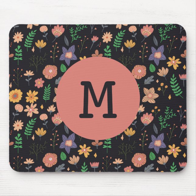 Alfombrilla De Ratón Pretty Modern Dark Floral Pattern Monogram (Frente)