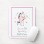 Alfombrilla De Ratón Pretty Unicorn Magic Wand Pink Girly<br><div class="desc">This unicorn mouse pad has a pretty unicorn with a magic wand that features soft pastel colors that are decorated with hearts and flowers. The text reads "Never Stop Dreaming." Personalize and make it unique by adding the name of your choice. Perfect for back to school and kids studying at...</div>