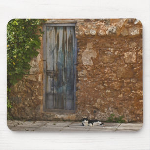 Alfombrilla De Ratón Puerta vieja y gato de reclinación