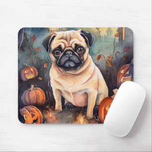 Alfombrilla De Ratón Pug de Halloween con calabazas espeluznante