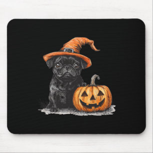 Alfombrilla De Ratón Pug Negro Con Gorra De Brujas Y Calabaza Halloween
