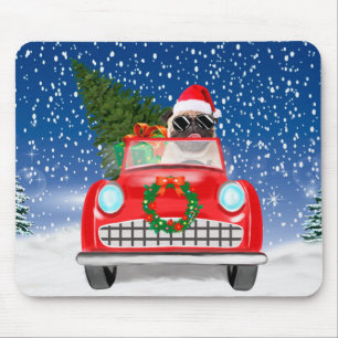 Alfombrilla De Ratón Pug Perro Conduciendo Coche En Navidad Nieve