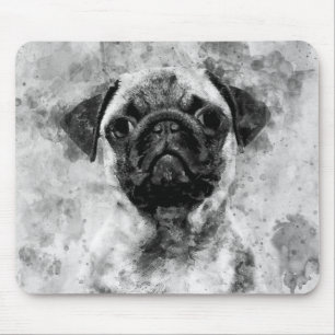Alfombrilla De Ratón Pug Perro Negro y Blanco Acuarela 01