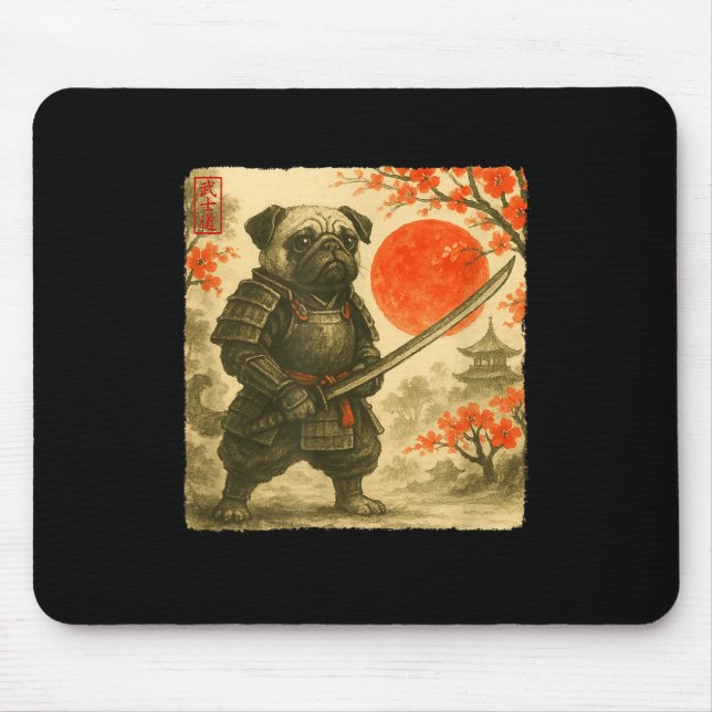 Alfombrilla De Ratón Pug Samurai Japanese Warrior Costume Sumi-e Art Fu (Frente)