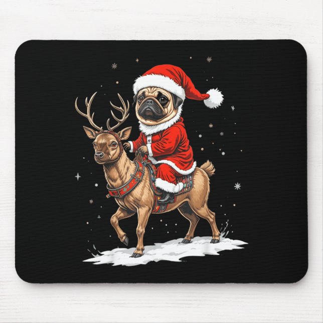 Alfombrilla De Ratón Pug Santa Riding Reindeer Christmas Holiday Puppy  (Frente)