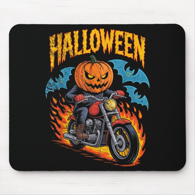 Alfombrilla De Ratón Pumpkin Biker Riding A Motorcycle Halloween Costum (Frente)