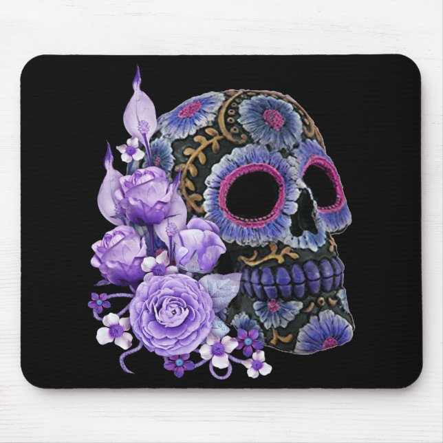 Alfombrilla De Ratón Purple Floral Black Sugar Skull Day Of The Dead (Frente)