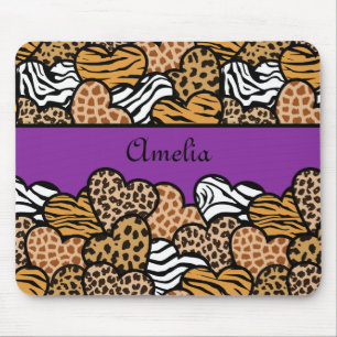 Alfombrilla De Ratón Purple Girly animal imprimir corazones con un nomb