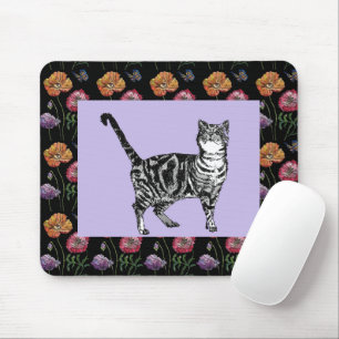 Alfombrilla De Ratón Purple Tabby Cat patrón floral Ratón Mat floral
