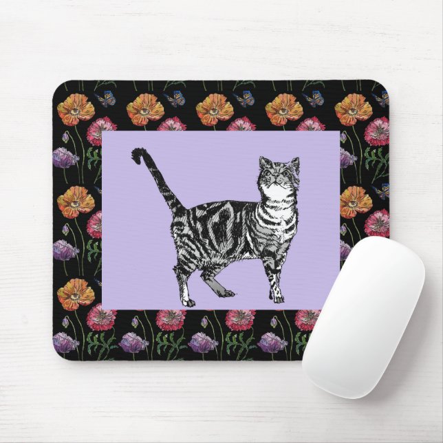 Alfombrilla De Ratón Purple Tabby Cat patrón floral Ratón Mat floral (Con ratón)