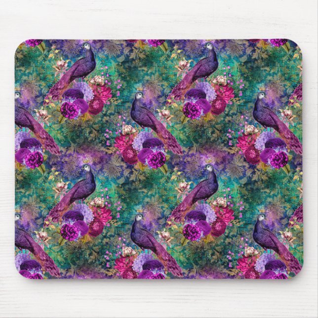 Alfombrilla De Ratón Púrpura Pink Peacock Floral (Frente)