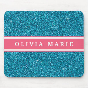 Alfombrilla De Ratón Purpurina azul (falso) Nombre personalizado rosa