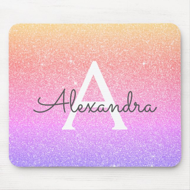 Alfombrilla De Ratón Purpurina de espuma morada rosada Monograma Nombre (Frente)