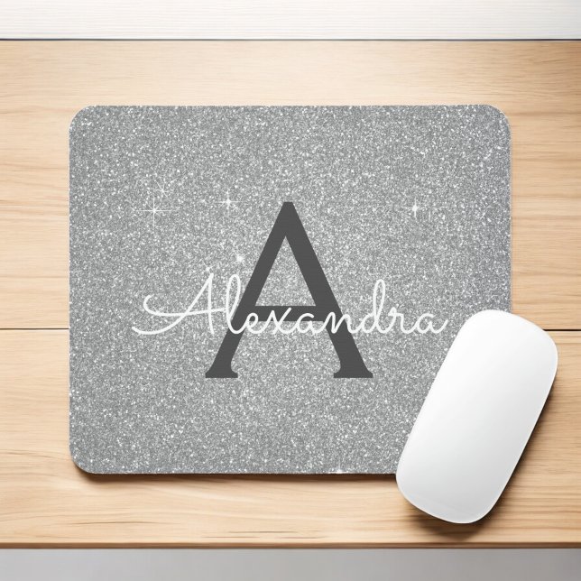 Alfombrilla De Ratón Purpurina de espuma plateada Monograma Nombre Mous (Subido por el creador)