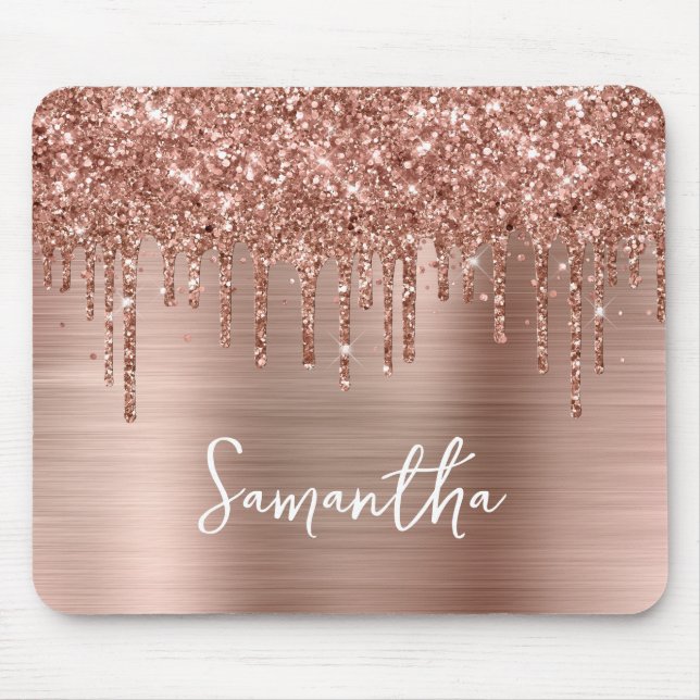 Alfombrilla De Ratón Purpurina de goteo Rosa Gold Glam (Frente)