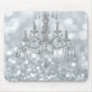 Alfombrilla De Ratón Purpurina de plata blanca Bokeh Glam Chandelier Sp
