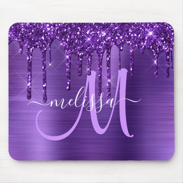 Alfombrilla De Ratón Purpurina Girly Purple Dripping Brush Monograma Me (Frente)