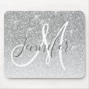 Alfombrilla De Ratón Purpurina Girona Plata Sparkles Nombre de Monogram