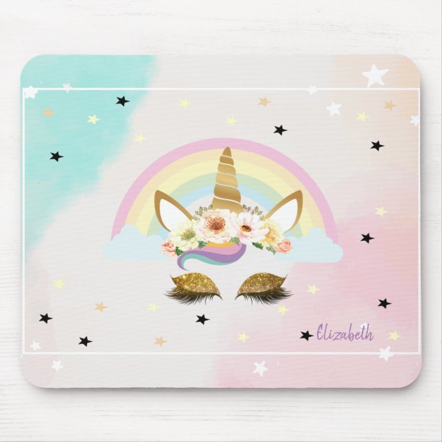 Alfombrilla De Ratón Purpurina mágico Unicornio, arcoiris, estrellas (Frente)